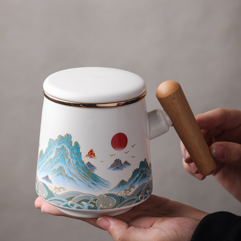 Wenchuang estilo cerámico chino de tres piezas taza de té taza de filtro taza de agua taza de marca regalo esculpido LOGO nombre