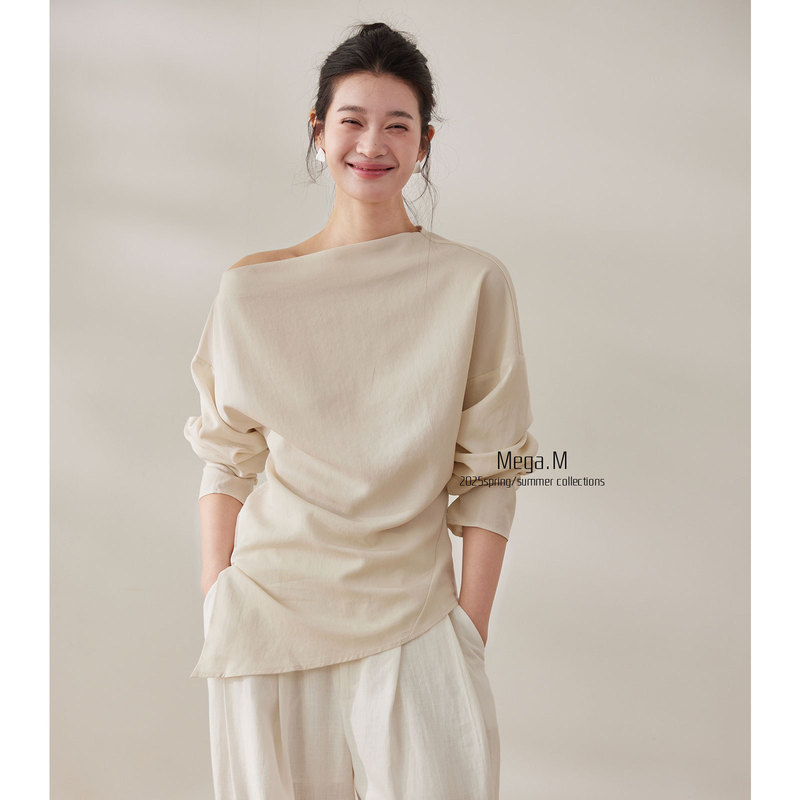 Margemeng 2026 Spring Minimalist Irregular Fashion T-Shirt Women's Waist-Cinching Asymmetrical Shoulder Loose Top with Design Sense Margemeng 2026 Spring Minimalist Irregular Fashion T-Shirt Women's Waist-Cinching Asymmetrical Shoulder Loose Top with Design Sense