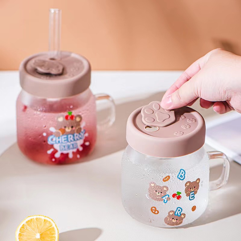 Oso de dibujos animados creativo gran escala de paja vidrio con regalo de mano simple taza de agua lindo de alto aspecto Internet Celebrity Cup