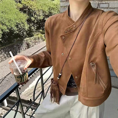 复古麂皮绒斜扣配包包短外套女2025秋季新款机车夹克上衣复古风