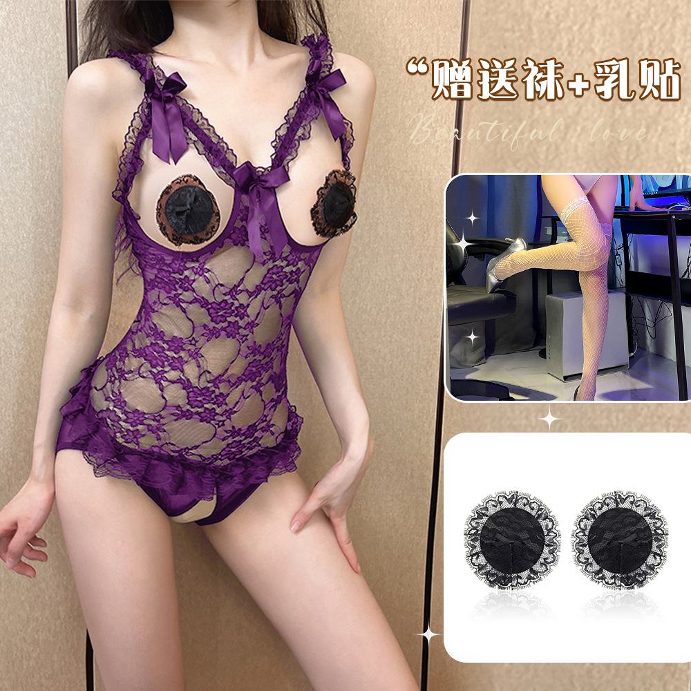 보라색 + 혈액 점박이 젖꼭지 + 흰색 망사 스타킹