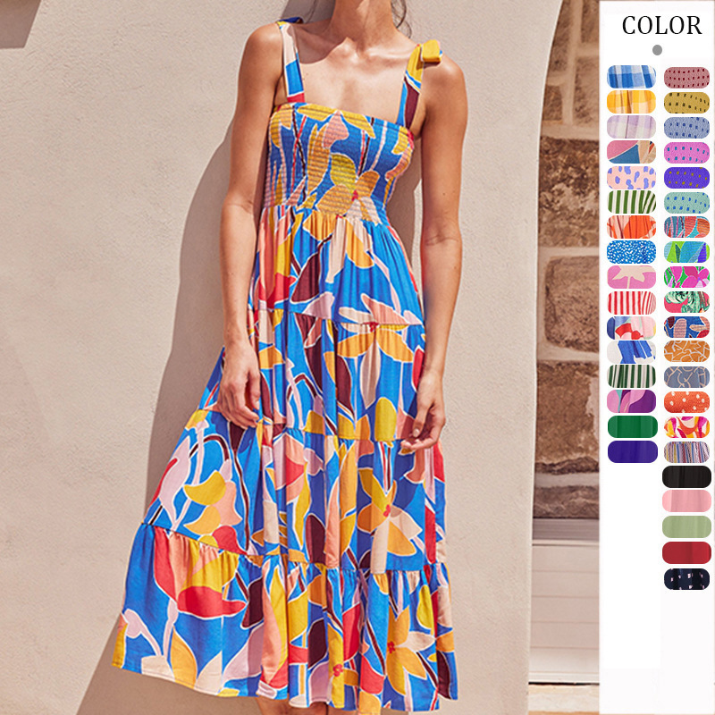 2026 Cross-Border European and American Summer Women's Clothing Amazon Commuter Sleeveless Hot Girl Print Long Strap Dress