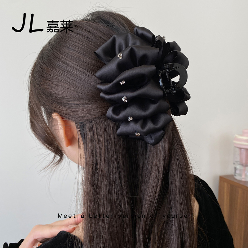 优雅气质缎面泡泡抓夹女大号发量多鲨鱼夹子后脑勺发夹盘头发卡|undefined