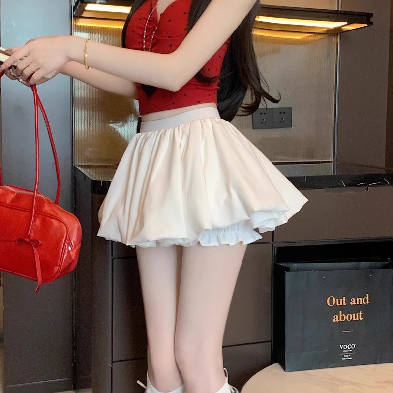 芭蕾风褶皱花苞半身裙女夏季高腰显瘦A字裙防走光遮胯ins蓬蓬短裙|undefined