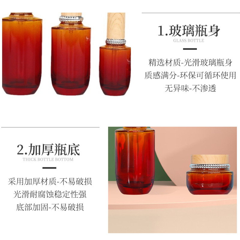 赤いザクロのセットの瓶の45mlの粉の底の液体の瓶の精華の乳液の分注の瓶のクリームの瓶の木目の蓋のスキンケアの包装材|undefined