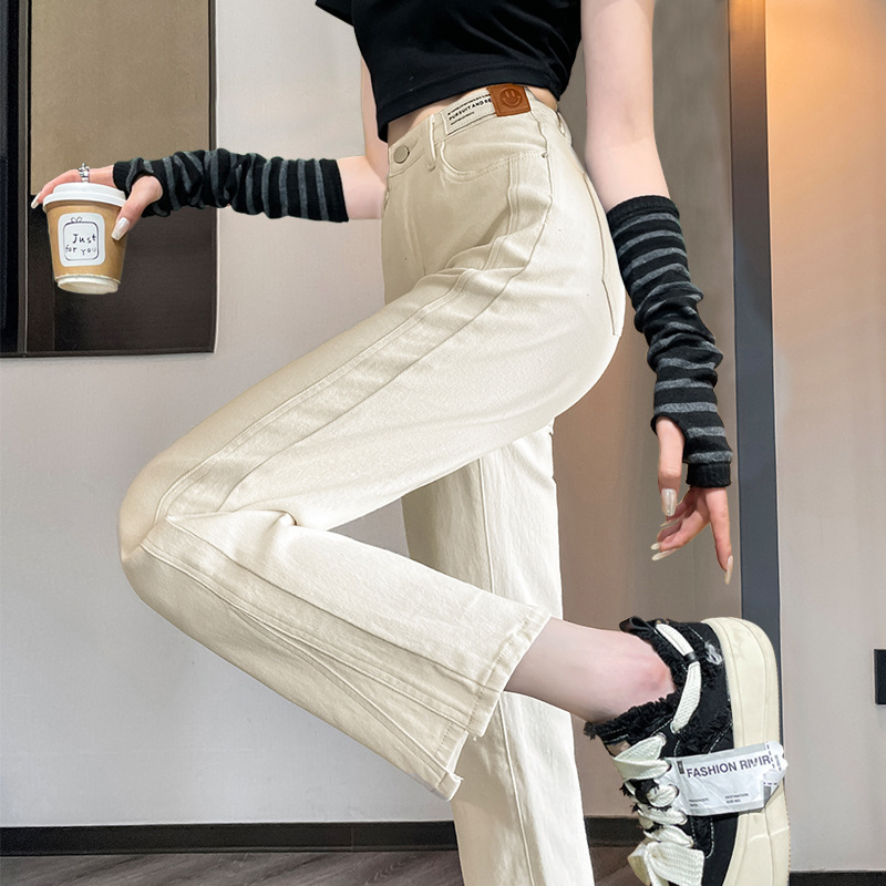 On-white slit cigarette pants for women in autumn 2023 8-point nine-point high-waist loose versatile straight jeans