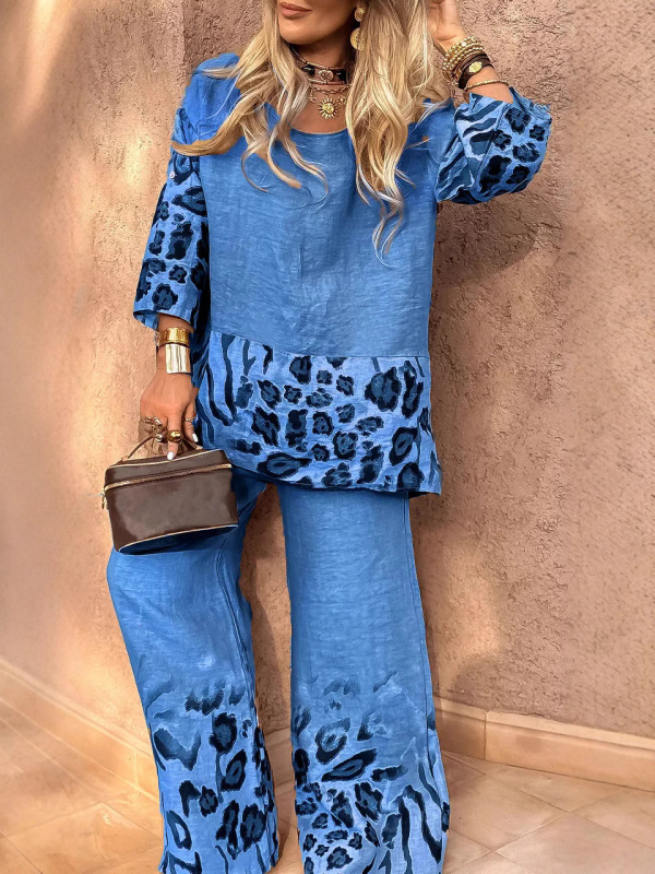 2025 新しいクロスボーダーヨーロッパとアメリカの貿易婦人服夏のプリントミッドスリーブトップハイウエストパンツ気質レトロスーツ|undefined