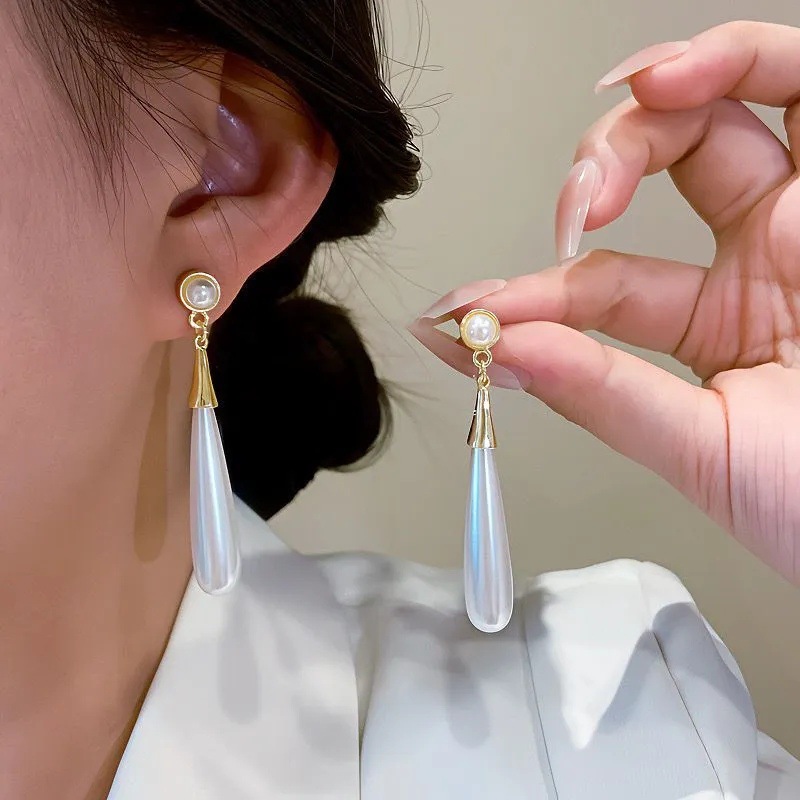 Novos brincos de pressão elegantes para mulheres, sem furo na orelha, com pingente longo de pérola em formato de gota d'água, em formato de coração, leves e luxuosos, ultralongos._voghion.com