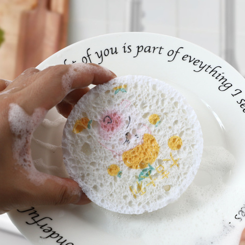 Round compressed daily use sponge scrubber cotton brush kitchen cleaning wood pulp sponge cute sponge wholesale wood pulp bowl