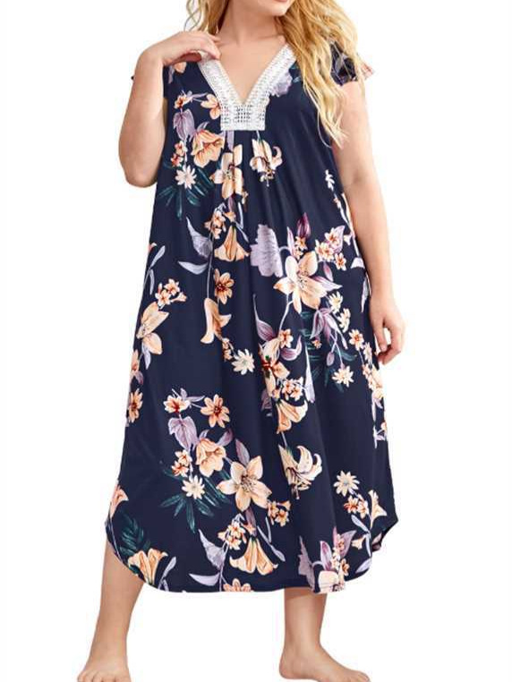 Invierno 2025 Amazon Camisón de mujer europea y americana Imitación algodón estampado de encaje costura cuello en V falda larga de manga larga servicio a domicilio sueño image 4