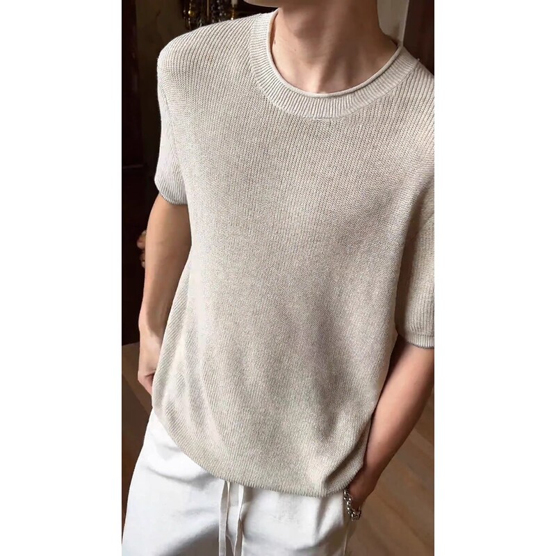 Old Money Style Knitted Linen Short-Sleeved Men's Summer Thin Breathable Lazy Style Top Khaki Heavy Cotton and Linen T-Shirt