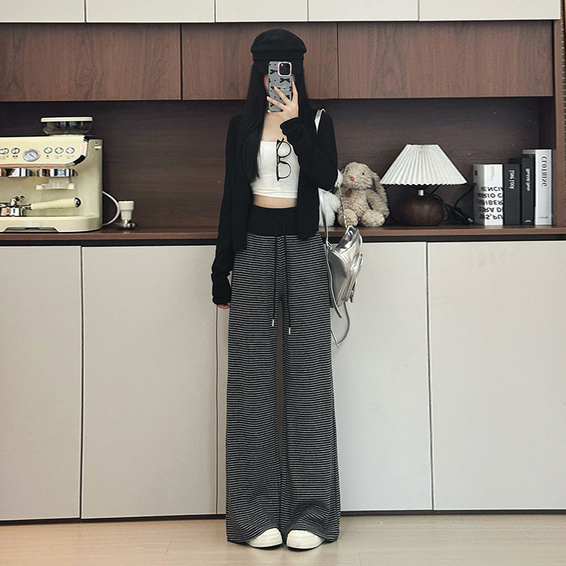 黑色条纹阔腿裤女秋冬2025新款高腰宽松直筒垂感显瘦慵懒风遛弯裤|undefined