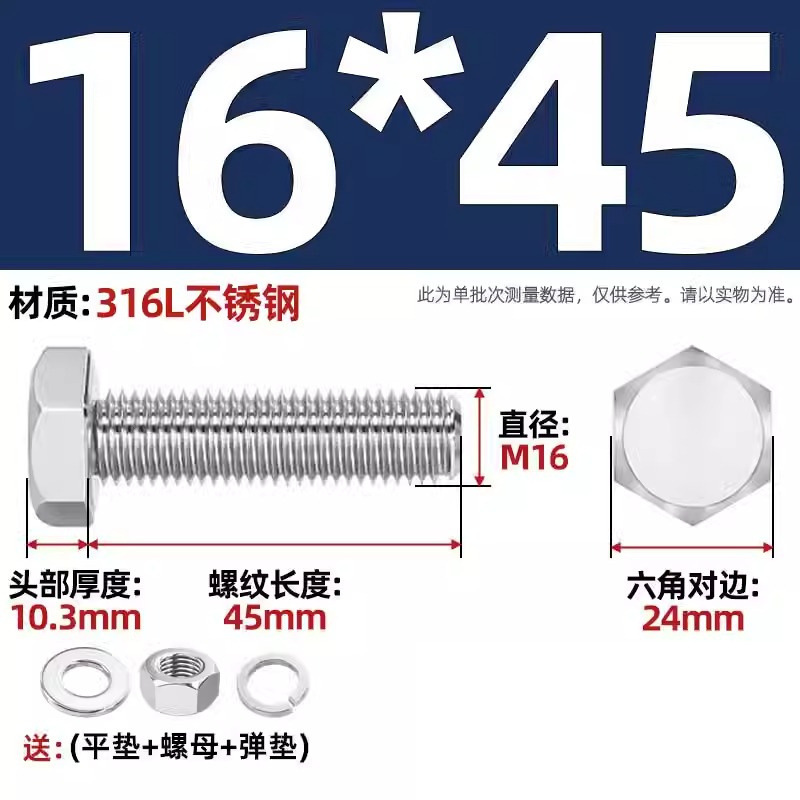 316L acero inoxidable perno hexagonal macho conjunto de tuerca de tornillo conjunto de cojín elástico plano completo M6M8M10M12-M20 image 179