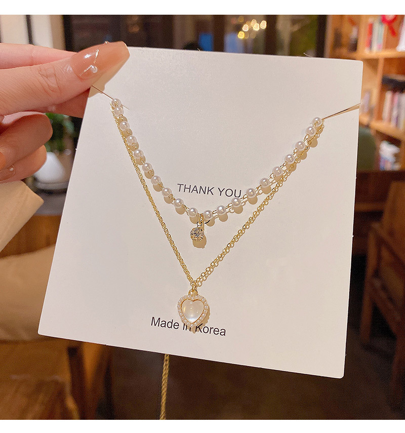 Mode Herzform Titan Stahl Halskette Künstliche Perlen Zirkon Edelstahl Halsketten display picture 4