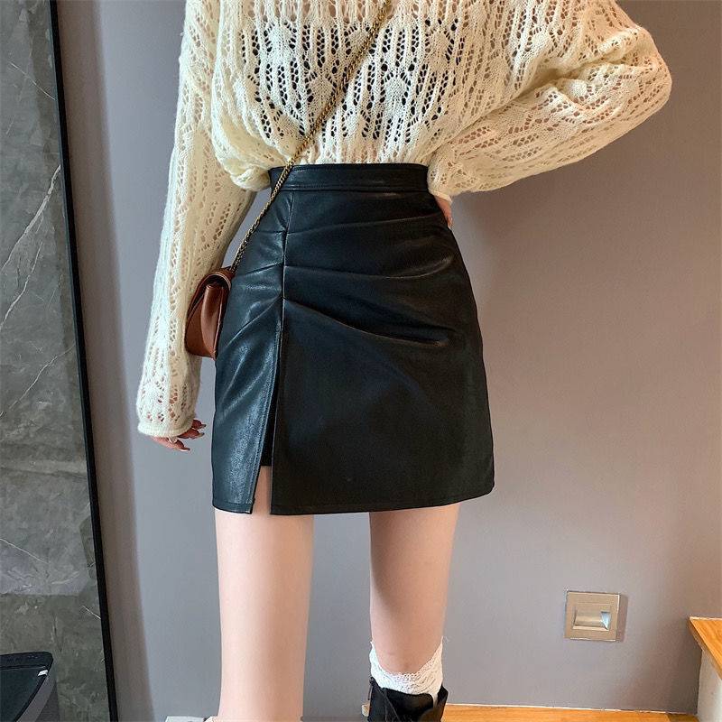 High Waist Bag Hip Shorts Split Pleated Small Leather Skirt Women's Slim Skirt High Waist Anti-light Cover Crotch Skirt Bag Hip