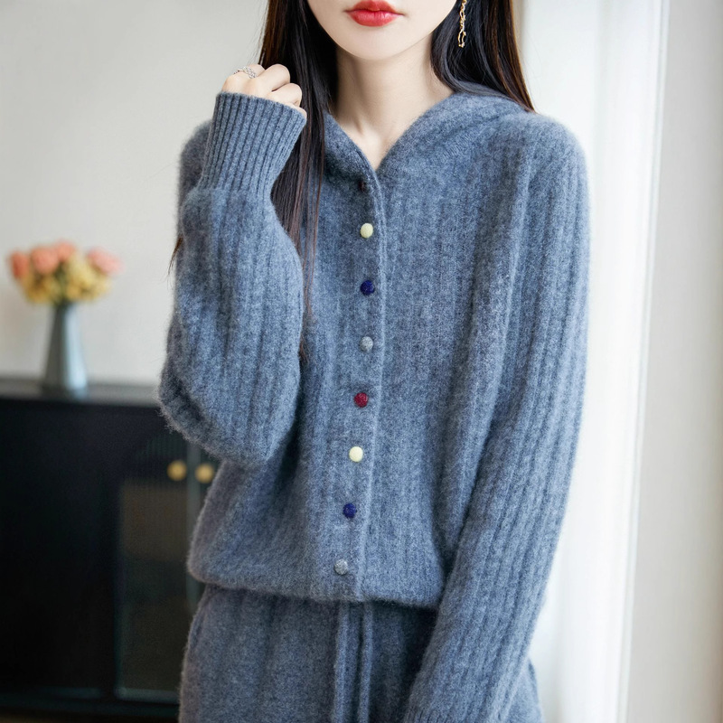 Vertical Cashmere Slimming Look Cardigan Hooded Loose Hoodie Hooded Pure Wool Autumn and Winter Casual Knitted Clothing for Women 100