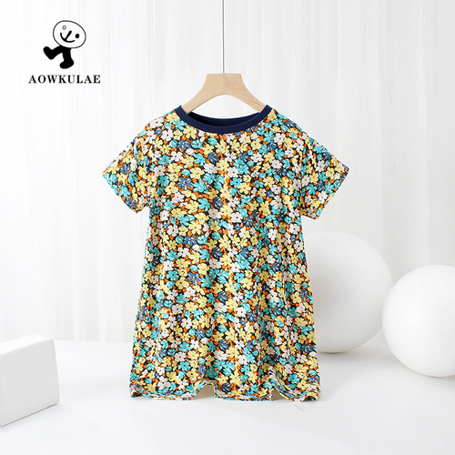 Summer Korean version of children's clothing, new girls' dresses, medium and large children's floral skirts, short-sleeved long nightgowns, children's skirts on behalf of