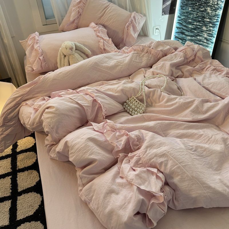 Girly Pink Lace Washed Cotton Quilt Cover Four-Piece Set College Dormitory Bed Sheets Three-Piece Bedding Set