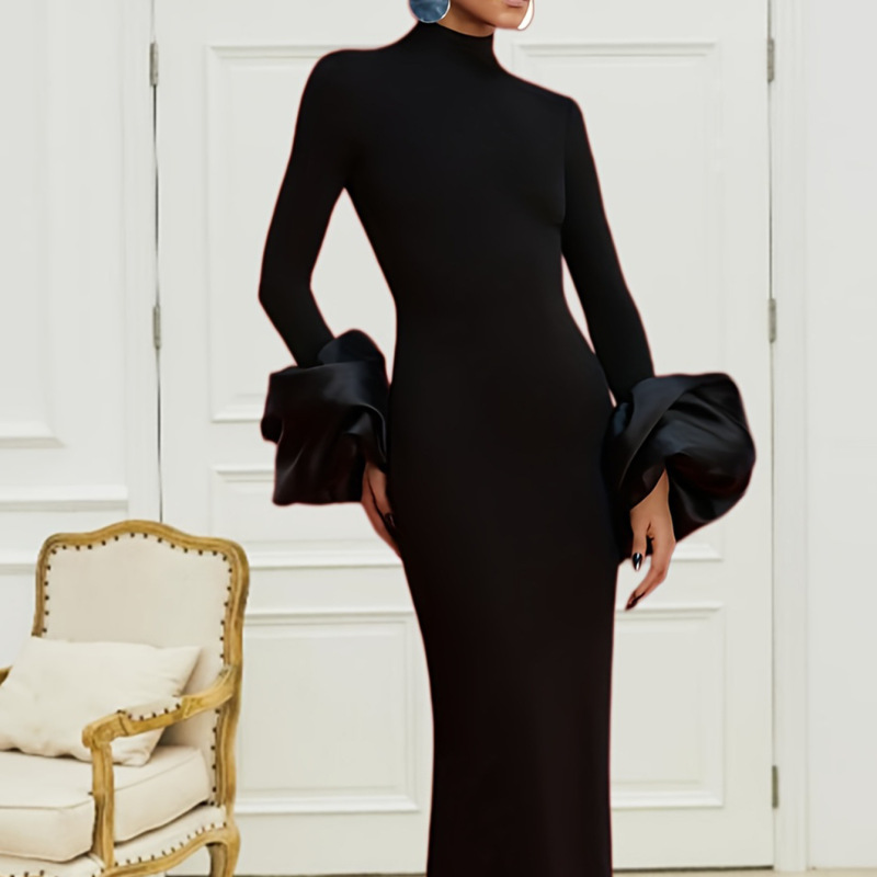 Hepburn-Style Slim-Fit High-Neck Flared Sleeve Long Evening Dress with Slit, Elegant European and American Style Banquet Evening Gown