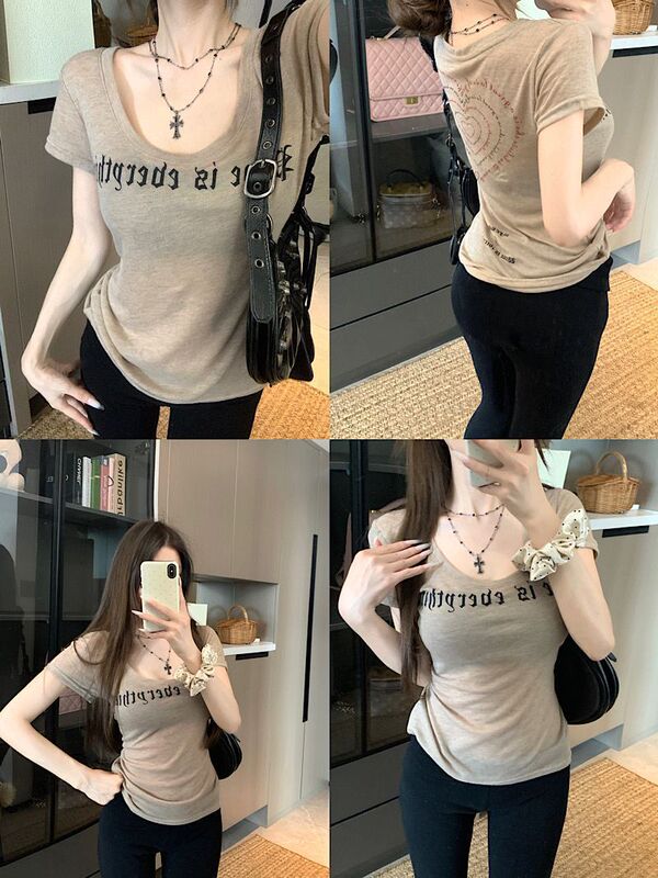 [Original Fabric] Love Letters Right Shoulder Short-Sleeved T-Shirt Women's Slim Short Top Khaki American Sexy