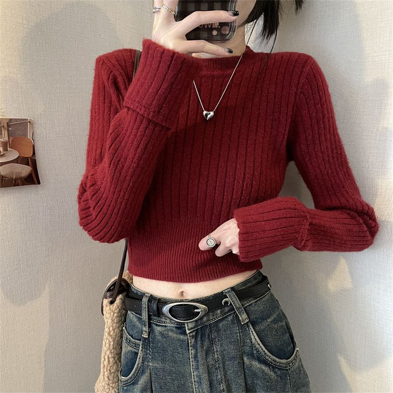 [Christmas Red New Year Red] Short Ribbed Knit Sweater for Petite Women, Suitable as a Base Layer in Autumn and Winter, Slim-Fit Top for Women