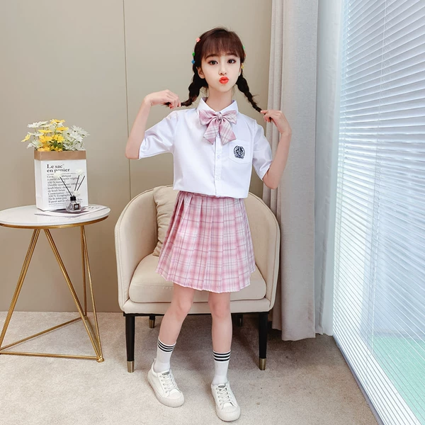 Skirt, bow tie, set, with embroidery, with short sleeve
