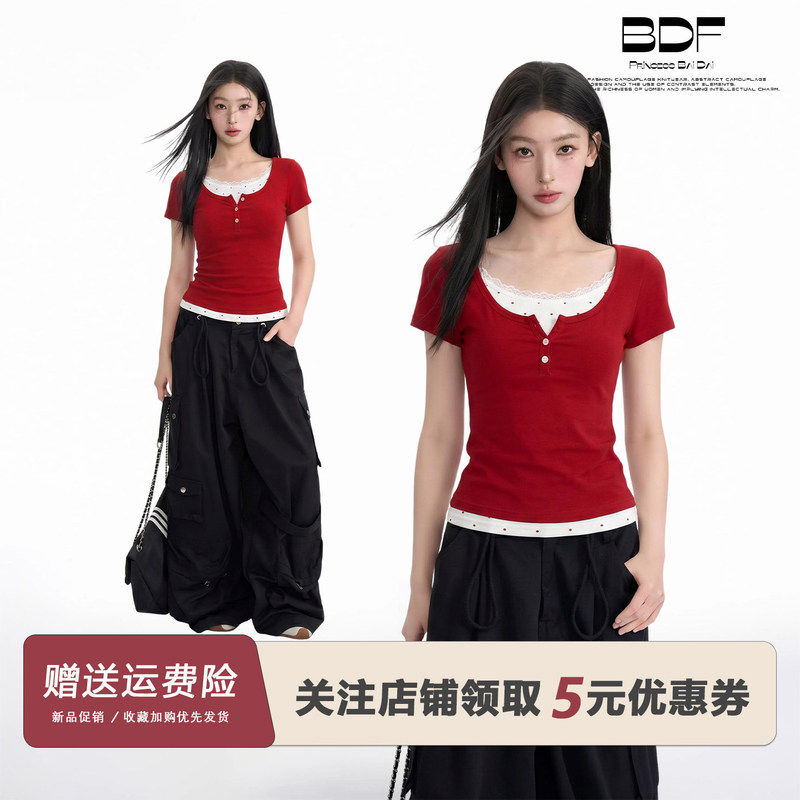Red Faux Two-Piece U-Neck Polka Dot Lace Short-Sleeve T-Shirt for Women, Summer Short Style, Slim Fit, Waist-Cinching, 2026 New Model Top Red Faux Two-Piece U-Neck Polka Dot Lace Short-Sleeve T-Shirt for Women, Summer Short Style, Slim Fit, Waist-Cinching, 2026 New Model Top