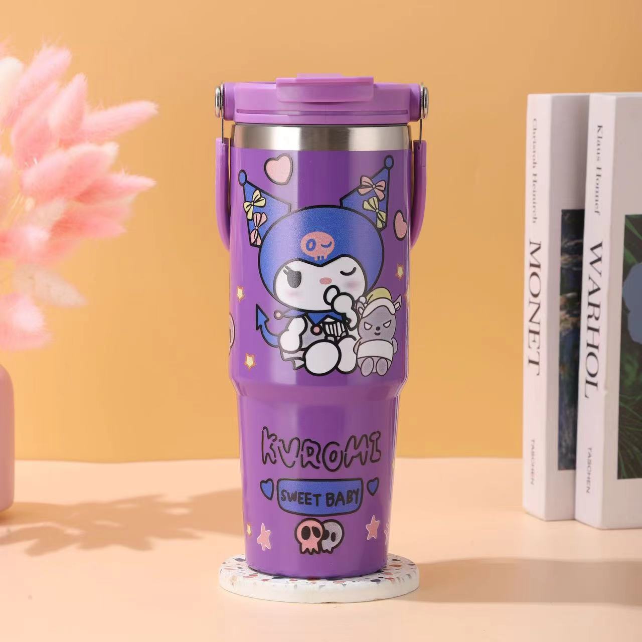 Cross-border 30oz doble boca doble bebida taza de mano patrón de dibujos animados de alto valor 304 taza de acero inoxidable portátil
