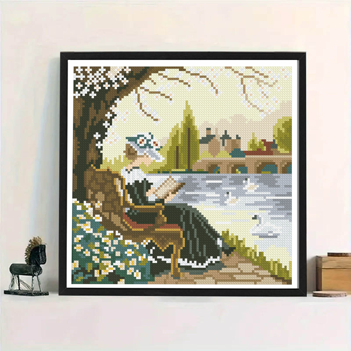 Mona Lisa real punto de cruz junto al lago tiempo de lectura tranquila nueva sala de estar simple sala de estudio pintura decorativa bordado de hilo hecho a mano image 1