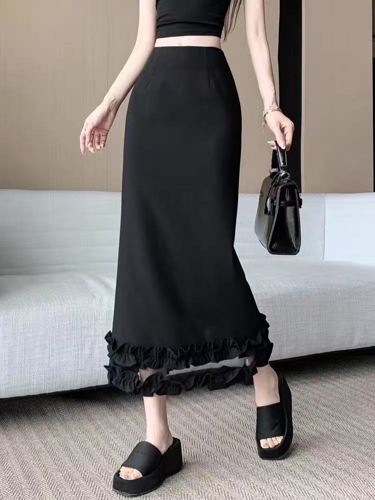 B093 Spring and Summer New Fashion Versatile Lace High Waist Slimming Look Slit Skirt
