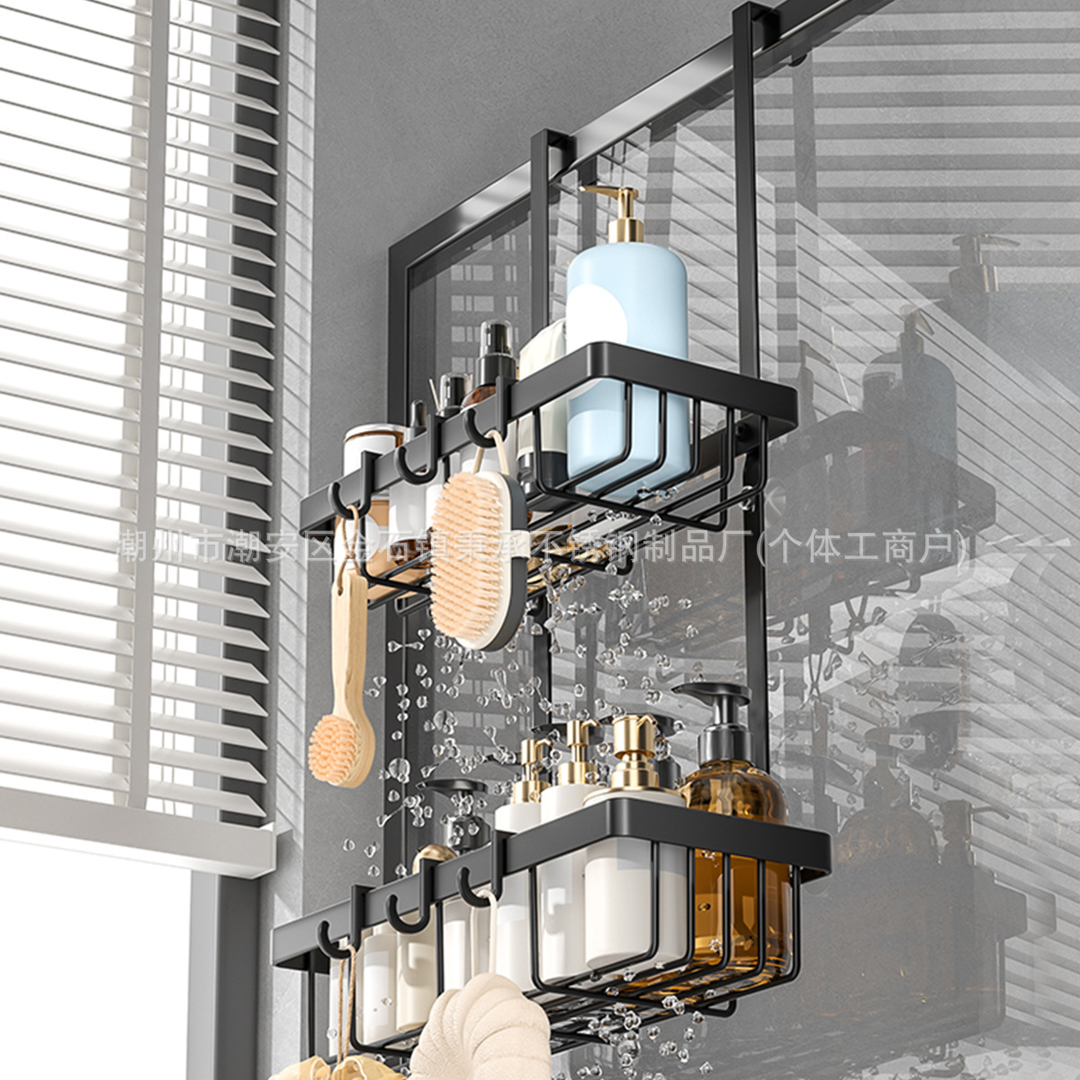 Estante de doble capa en la parte trasera de la puerta del baño con gancho trasero, estante multifuncional para artículos de baño, estante de almacenamiento de baño sin perforación