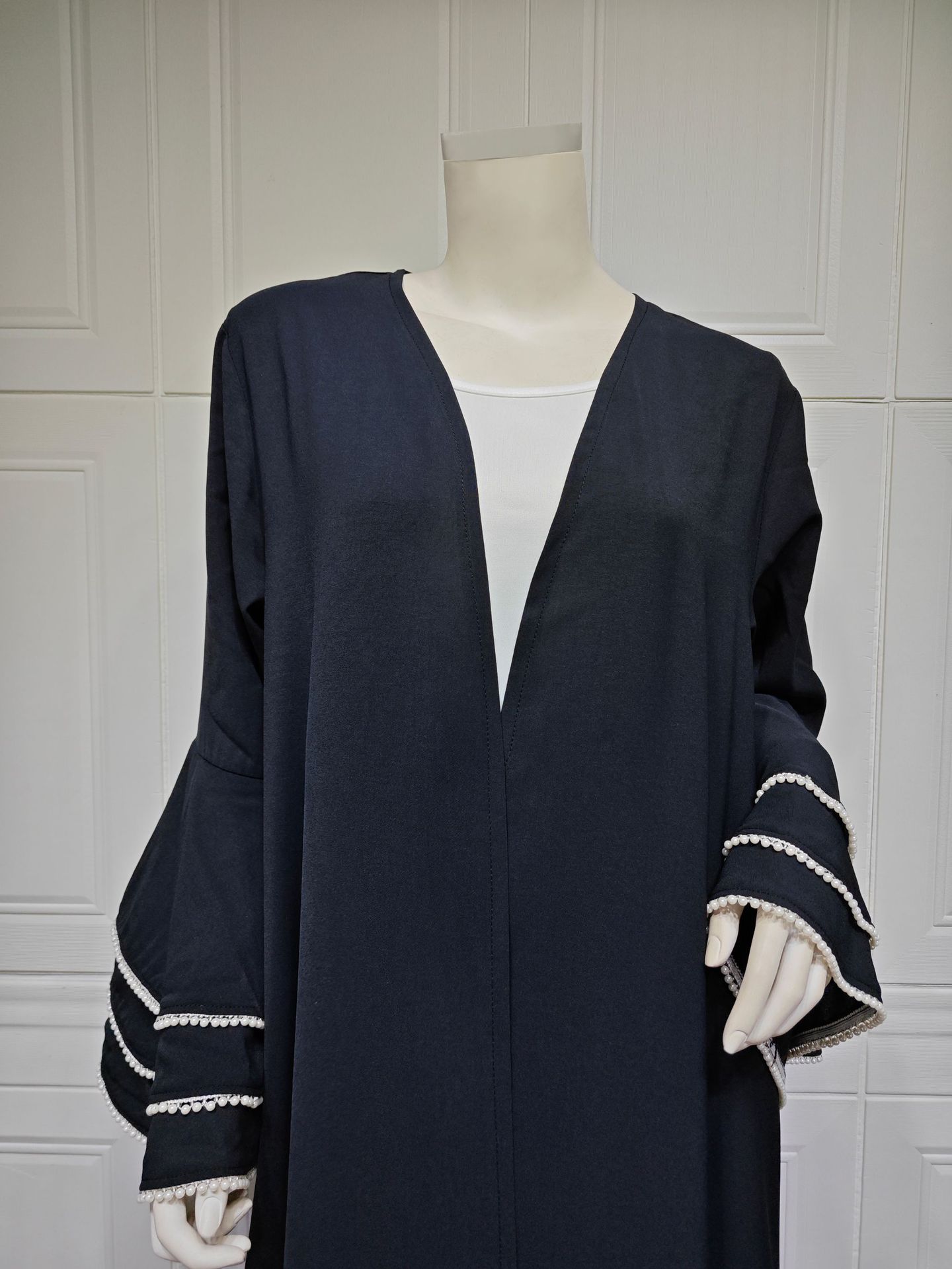 MQ120 Modest Arabic Dubai Cardigan Black Robe Cuff Beaded Abaya Fashion Coat_ecoleips.com