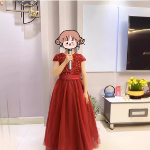 Children's Princess Dress Foreign-style Girl's Dress Flower Girl's Birthday Performance One-year-old Host Wine Red Evening Dress Sequin