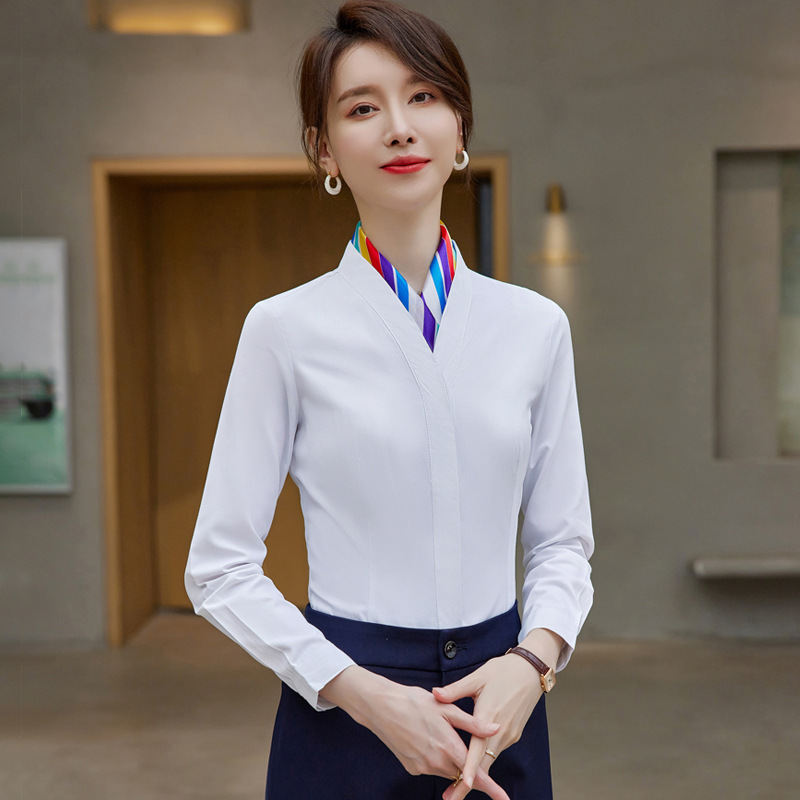 时尚白色V领职业装衬衫女长袖衬衣空姐制服高铁乘务员工作服春秋