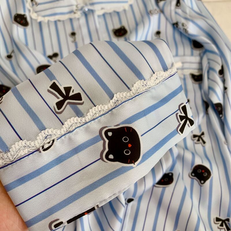 【煤球小猫】秋季新款睡衣冰雪丝长袖娃娃领家居服条纹卡通小猫女|undefined