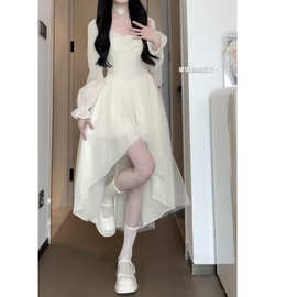 法式甜美收腰清纯连衣裙女春小个子白色浪漫网纱仙气飘飘的仙女裙
