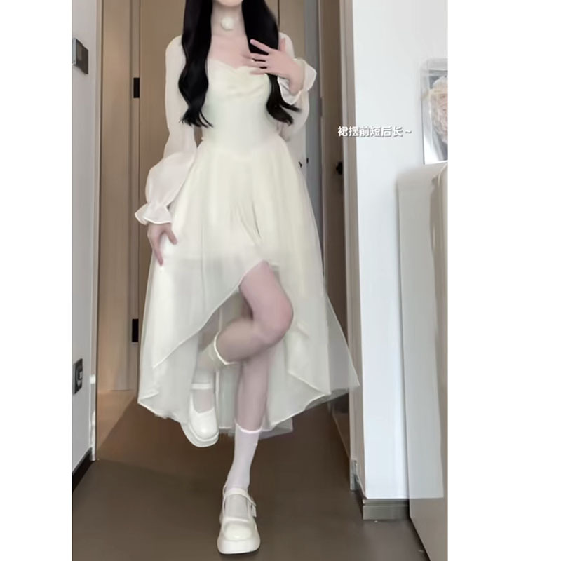 French Sweet Waist-Cinching Pure Dress for Women Spring Petite White Romantic Mesh Fairy-Like Fairy Skirt French Sweet Waist-Cinching Pure Dress for Women Spring Petite White Romantic Mesh Fairy-Like Fairy Skirt