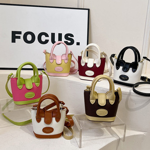 Cross-border Color Contrast Mini Handbag Fashionable Little Girl All-match PU Crossbody Bucket Change Headset Lipstick Bag for Women