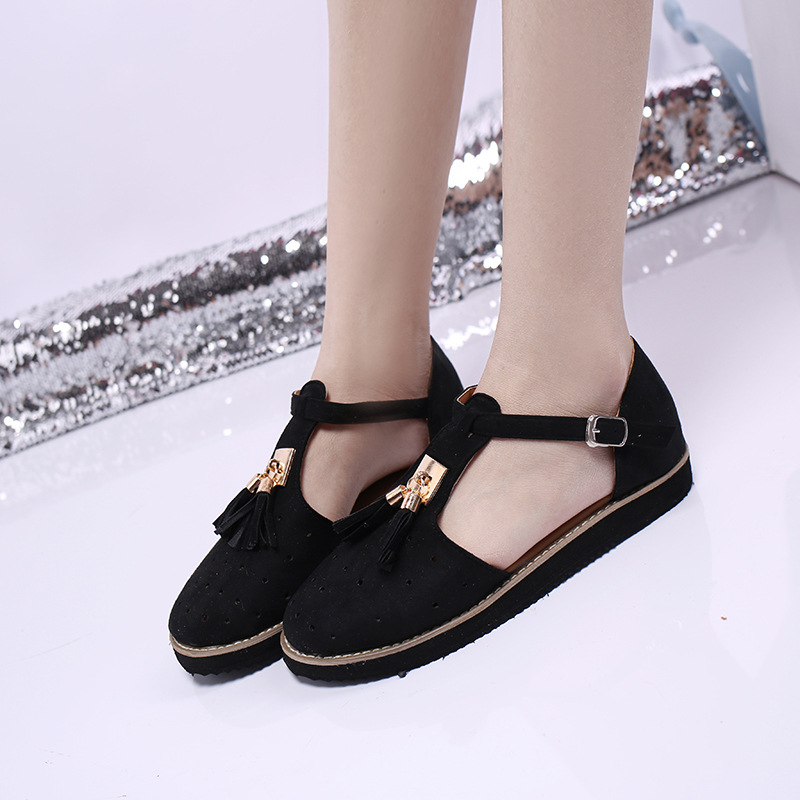 2021 European and American new thick-soled round-toe cutout retro single shoe, large-sized low-top bag and fringed women's sandals undefined