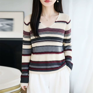 慵懒风撞色条纹针织衫女V领宽松显瘦秋季毛衣内搭设计感打底上衣