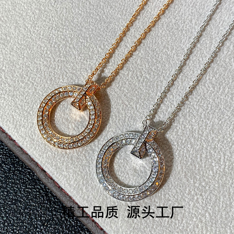 V金T家T1项链女镀18k金镶钻t1满钻项链女大圆饼时尚锁骨链 高版本