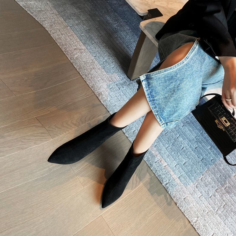 女士小短靴洋气新品高跟鞋细跟春秋新款加绒新品法式瘦瘦靴子