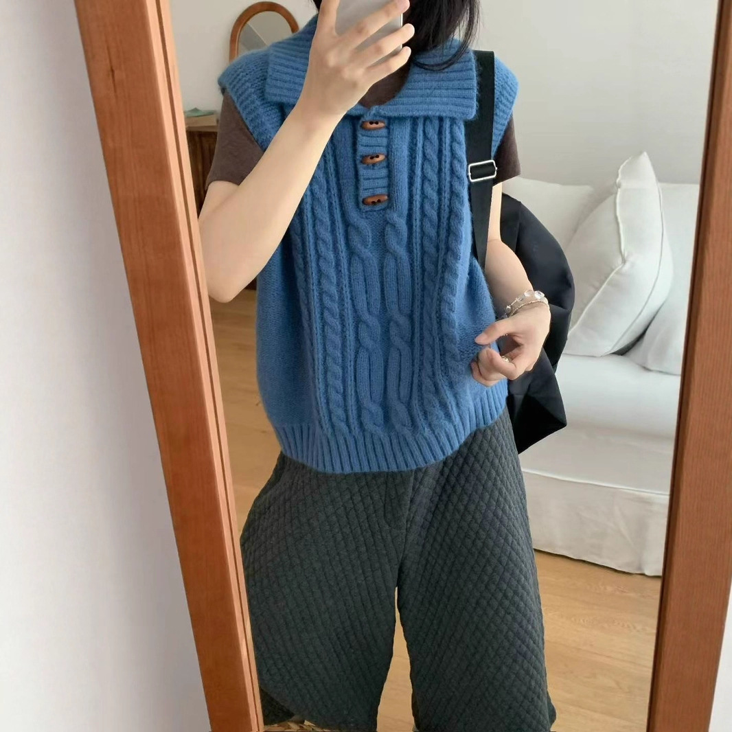 Vintage Twist Knit Vest Layered Waistcoat for Women, New Loose Autumn Horn Button Turn-Down Collar Sweater Vest Top
