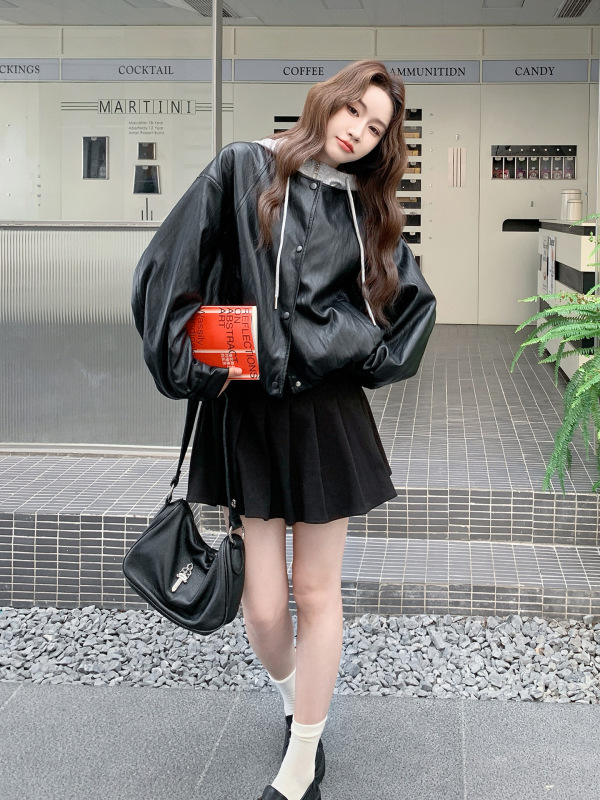黑色假两件连帽皮衣外套女秋季2025新款复古休闲甜酷减龄短款夹克|undefined