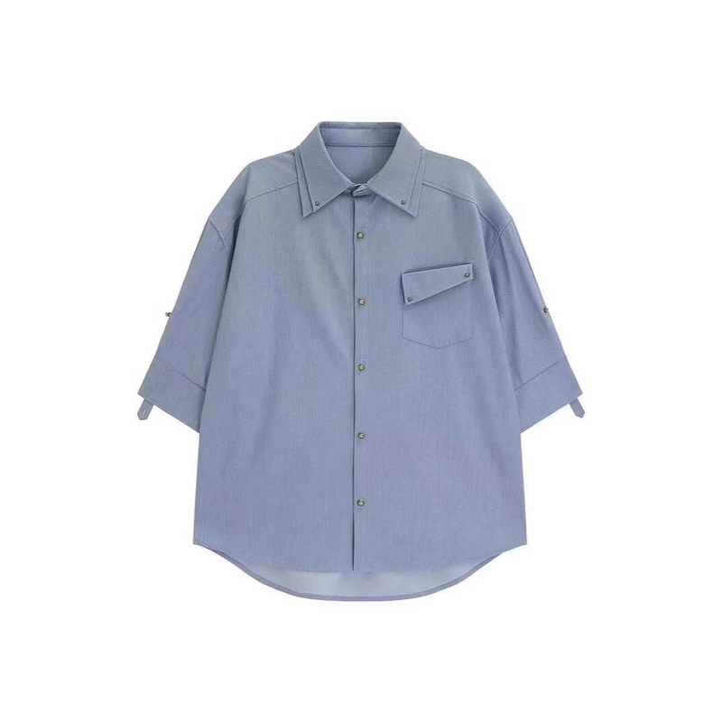 2025 New Summer Men's Short-Sleeved Fashion Brand Imitation Denim Shirt with Irregular Pocket Design Versatile Shirt