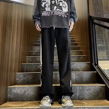 美式复古hiphop裤子高街拼接条纹运动裤男宽松直筒垂感阔腿裤