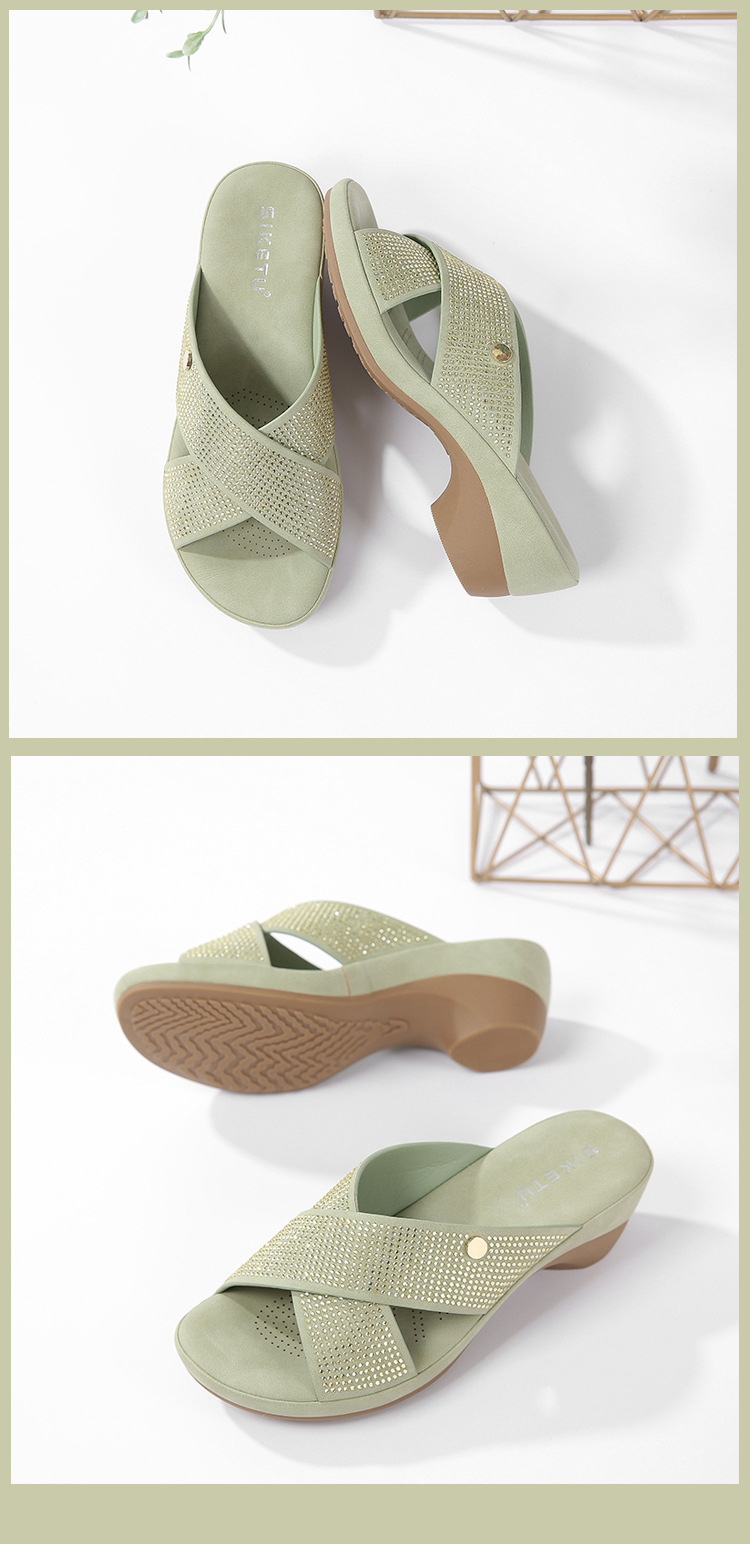 Sandal cao gót nữ hở mũi đính đá gót dốc chống trượt đi làm 2025 — Màu đen, Màu xanh lá, Màu mơ chi tiết 15