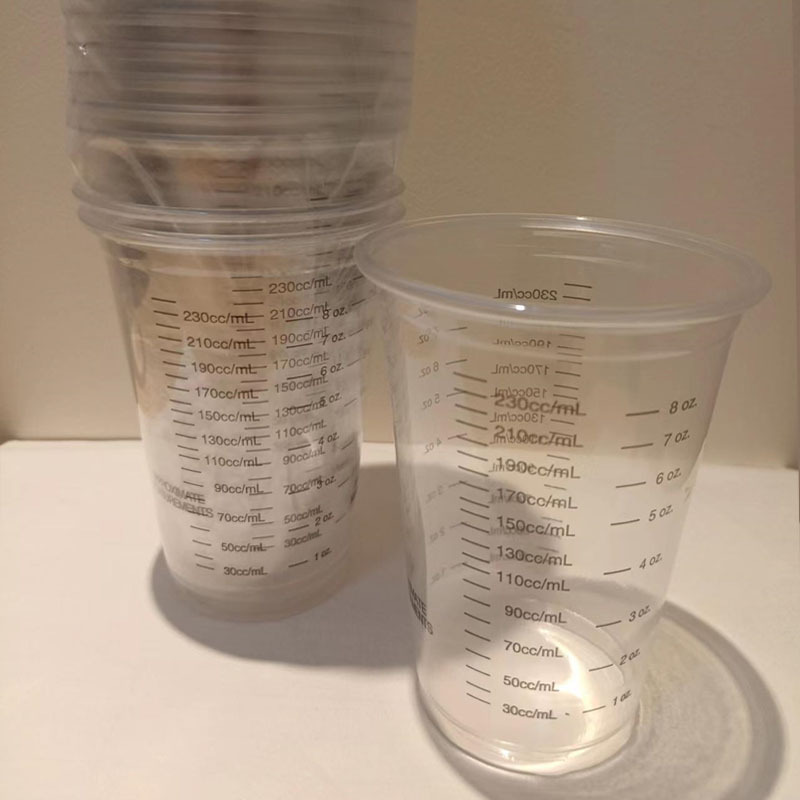 Fábrica de jugo de bebida de plástico 10z taza de impresión a escala de plástico taza de mezcla de color taza de medición experimental taza de mezcla de pintura desechable