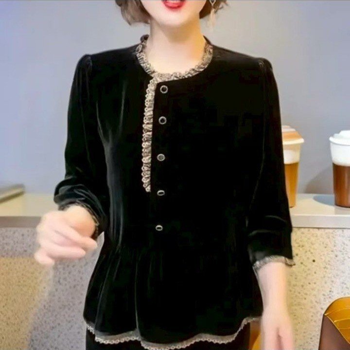 Dropshipping Mom's Outfit Gold Velvet Long-Sleeved T-Shirt Women's Tops 2025 Spring and Autum New Slimming Look Bottoming Shirt Dropshipping Mom's Outfit Gold Velvet Long-Sleeved T-Shirt Women's Tops 2025 Spring and Autum New Slimming Look Bottoming Shirt