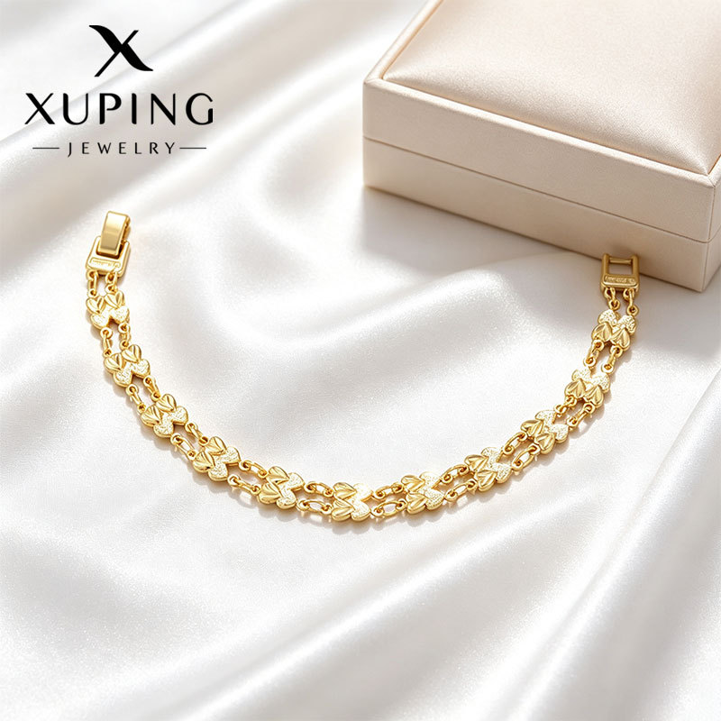 Pulsera de Doble Corazón de Aleación de Cobre con Baño de Oro de 14K para Regalo